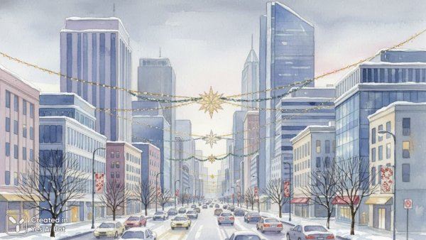 Зимний город: сверкающий мегаполис в новогоднем убранстве. Изображение из нейросети NanoBanana