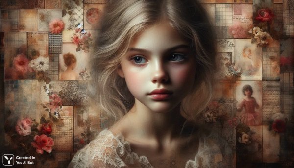 Нежная красота: портрет юной девушки в стиле винтажной коллажной романтики и гиперреализма. Нейросеть Dalle