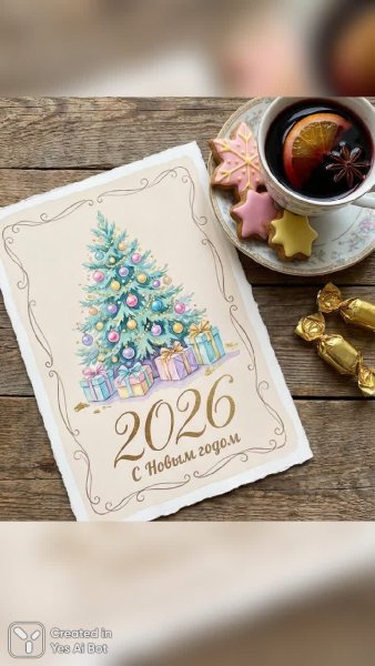 Новогодняя открытка: елка, подарки и уютное настроение. Изображение из нейронной сети Nano Banana