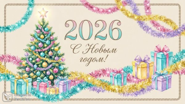 Новогодняя открытка в пастельных тонах с яркими акцентами и праздничным декором для 2026 года. Изображение из нейронной сети Nano-Banana