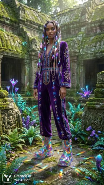 Загадочная фотосессия в древнем храме и радужной магии. Картинка из нейронной сети Nano Banana