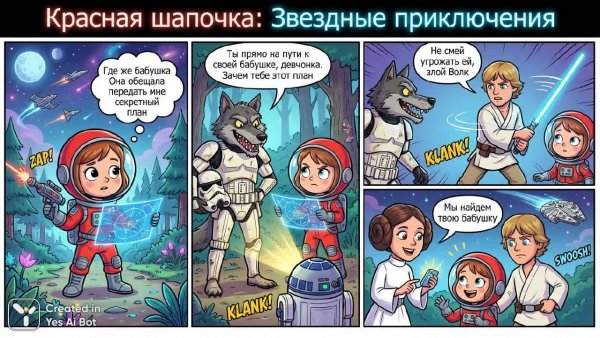 Красная Шапочка и звездные войны: невероятное космическое приключение. Картинка из нейронной сети Nano Banana
