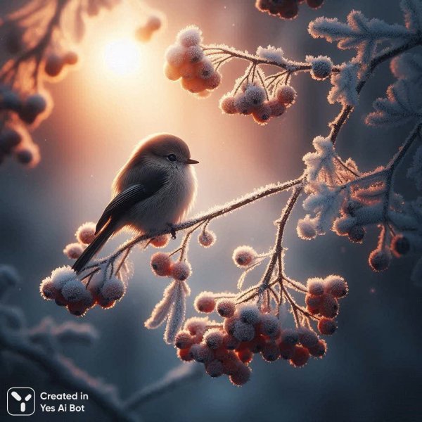 Снежная синица в зимнем утреннем свете. Картинка из нейронной сети Dalle