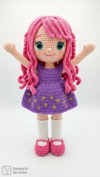 Ажурная кукла с розовыми косичками и радостным выражением лица. Генерация из нейросети Nano-Banana