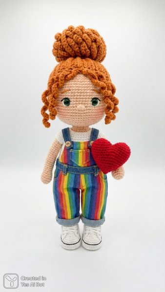 Милашка с оранжевыми кудрями: вязаная кукла в ярком свитере и комбинезоне. Нейронная сеть Нано Банана