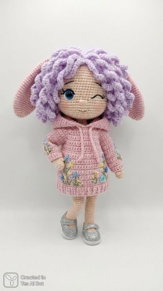 Милая вязаная кукла с лавандовой копной волос и игривым взглядом. Картинка из нейросети Nano-Banana
