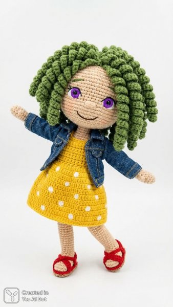 Кудрявая рукодельная кукла в жёлтом платье и джинсовой косухе. Нейронная сеть NanoBanana