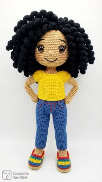 Яркая кукла ручной работы в стильном летнем образе с дерзким взглядом и позитивным настроением. Нейронная сеть Nano-Banana