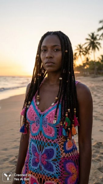 Закат на пляже: красота вязаного платья и серьезный взгляд модели. Картинка из нейросети Нано Банана