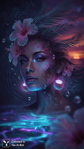 Женщина в сюрреале: пальмы, закат и светящиеся кокосы. Генерация из нейронной сети Nano Banana