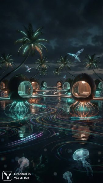 Неоновый Мальдивский город будущего: Световое великолепие и футуристический дизайн. Нейронная сеть Nano-Banana