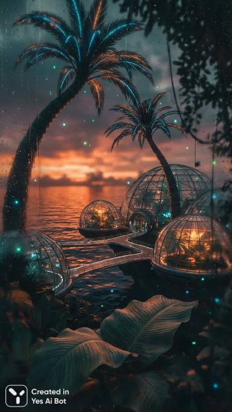 Пышный рай: футуристические купола над океаном. Изображение из нейросети Nano-Banana