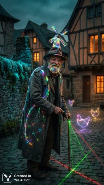 Старик в деревне: светящийся портрет в стиле Дана Флавина и киберпанка. Изображение из нейросети Нано Банана