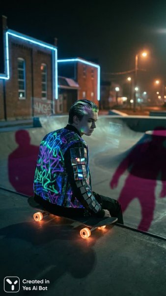 Неоновый скейтбордист в стиле киберпанк: городские огни будущего. Нейросеть NanoBanana