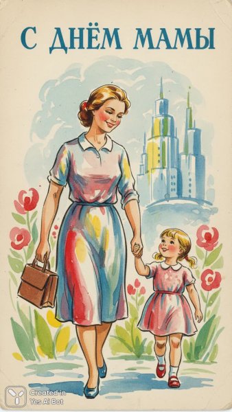 Мама и дочь: нежная радость в стиле советской открытки. Нейронная сеть NanoBanana