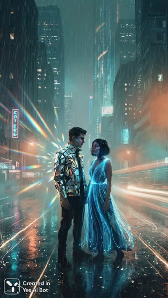 Метрополис в полночь: отражения и светящиеся тени. Изображение из нейронной сети NanoBanana