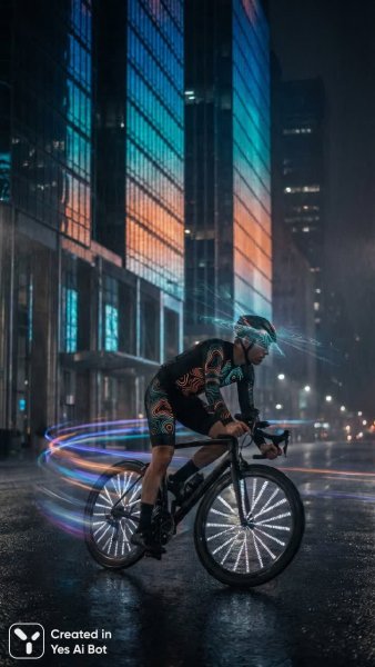 Велосипедист в неоновом городе: футуристическая гонка света и технологий. Картинка из нейросети Нано Банана