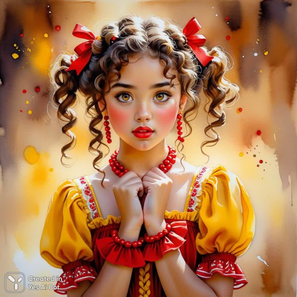 Девушка с кудрями и рябиновыми ягодами в акварели. Генерация из нейронной сети Stable Diffusion