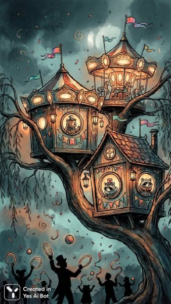 Сказочные домики на деревьях: цирковое вдохновение и волшебство. Картинка из нейронной сети Нано Банана