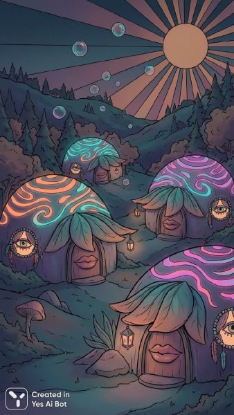 Психоделическая утопия: грибные домики в неоновом сиянии ретро-солнца. Картинка из нейросети Nano-Banana