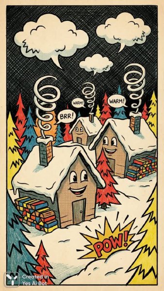Заснеженная деревня: комикс в стиле туши и ярких красок. Нейросеть NanoBanana