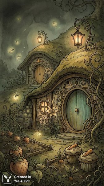 Заколдованный хоббитский мир в стиле модерн и нежные акварельные оттенки. Картинка из нейронной сети Nano-Banana