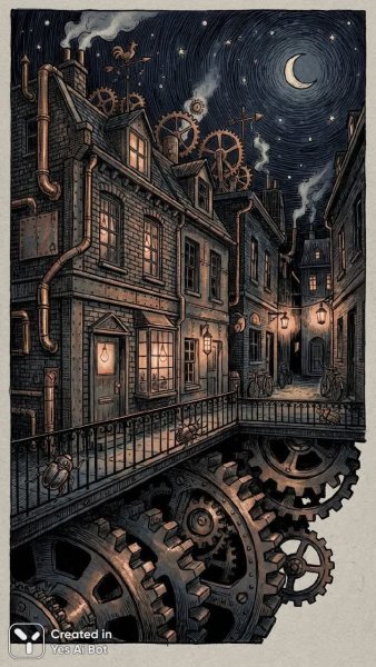 Паровые дома: Механическое великолепие в чернилах и звездах. Генерация из нейросети Nano-Banana