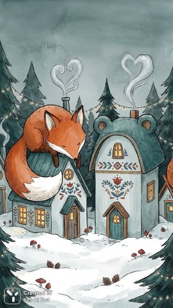 Скандинавские домики в заснеженном лесу: сказка зимнего вечера. Генерация из нейросети NanoBanana