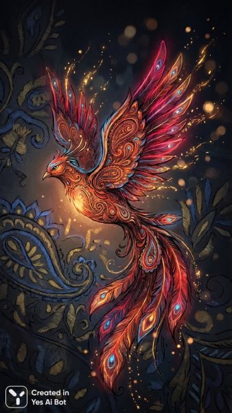 Жар-птица: Неоновый полет над славянской вышивкой. Генерация из нейронной сети Nano-Banana
