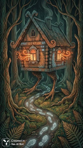 Мистическая избушка Бабы Яги: волшебный уголок в изумрудном лесу. Картинка из нейросети Нано Банана