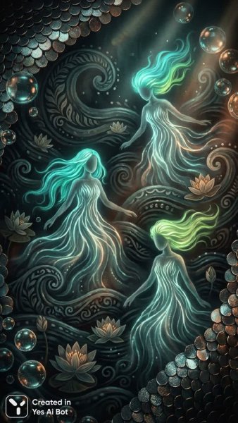 Загадочные русалки в сияющем водном узоре. Генерация из нейронной сети Nano Banana