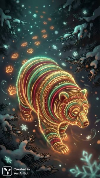 Дух медведя: золотое сияние в зимнем лесу с древними узорами. Генерация из нейросети Nano Banana