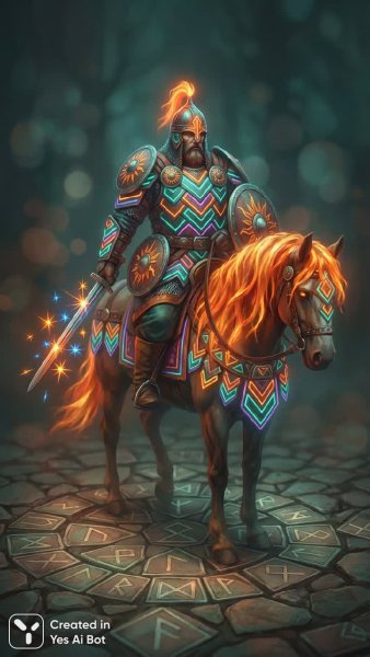 Богатырь и конь в неоновом сиянии: фольклорный шедевр цифровой живописи. Изображение из нейронной сети Нано Банана