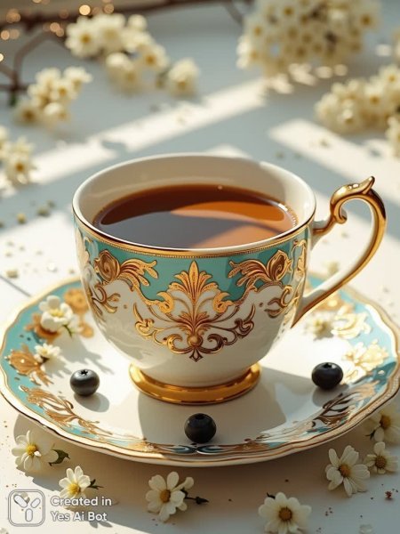 Изысканный фарфоровый сервиз с золотыми акцентами и нежным цветочным узором. Изображение из нейросети Flux 1