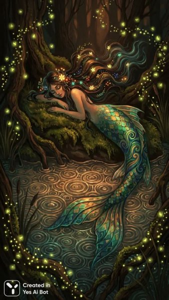 Загадочная русалка: изумительный узор на берегу реки в золотом свете. Изображение из нейросети Нано Банана