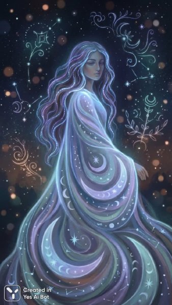 Славянская лунная дева в сияющем убранстве звёзд и полумесяцев. Генерация из нейронной сети Нано Банана