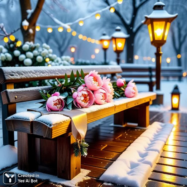 Зимняя сказка: нежные пионы в новогодней атмосфере и мягком свете фонарей. Генерация из нейросети Stable Diffusion