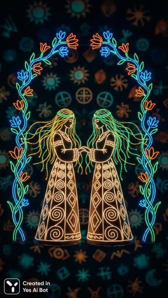 Славянские берегини в сиянии золотого света и земли. Изображение из нейронной сети Нано Банана