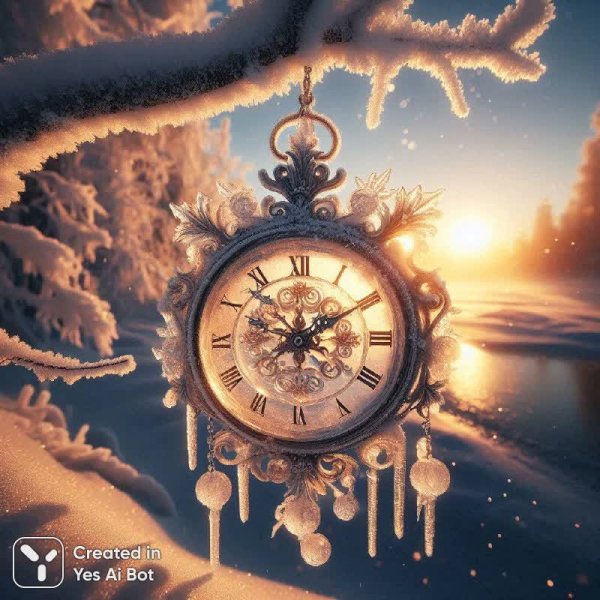 Зимнее утро и хрустальные часы на ветке. Изображение из нейронной сети Dalle-3