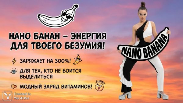 Банан в стиле хай-тек: карточка товара с юмором и огненным закатом. Нейросеть NanoBanana