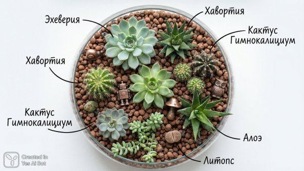 Миниатюрный сад: экзотика суккулентов и кактусов в деталях. Картинка из нейронной сети Nano-Banana