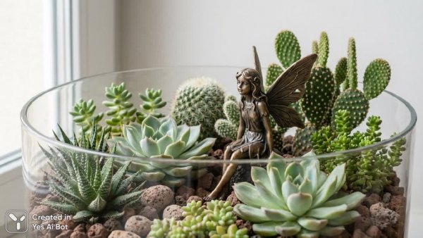 Миниатюрный сад кактусов и суккулентов в флорариуме с бронзовой феей. Генерация из нейросети NanoBanana