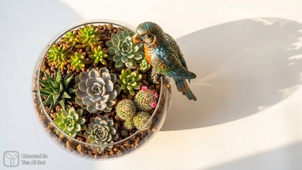 Яркий мир суккулентов и кактусов в лечазе. Изображение из нейросети Нано Банана