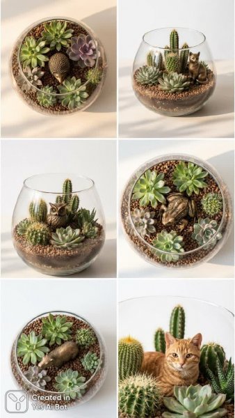 Миниатюрные сады: суккуленты, кактусы и бронзовые фигурки в флорариумах Lechaza po. Генерация из нейронной сети NanoBanana
