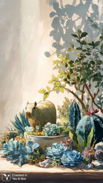 Миниатюрный сад с кактусами и капибарой: гармония природы в лечазе. Изображение из нейросети Midjourney