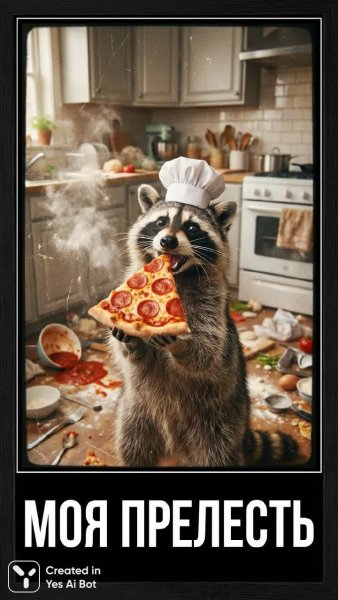 Радостный повар-енот и пицца на носу: кулинарный хаос в черно-белом квадрате. Изображение из нейронной сети Нано Банана