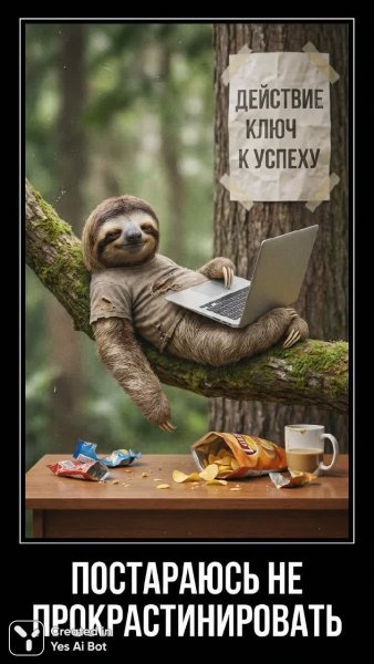 Прокрастинация и ленивый успех: фото с демтиватором. Изображение из нейронной сети NanoBanana