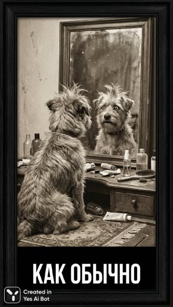 Терьер и отражение: обычная растерянность красоты. Нейросеть Nano Banana