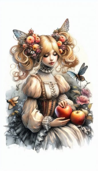 Блондинка на яблоке: сюрреалистичный викторианский портрет. Картинка из нейронной сети Dalle