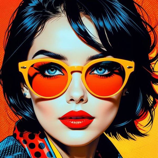 Яркий портрет в стиле поп-арт: загадочная красота с красной помадой и солнечными очками. Нейросеть Stable Diffusion